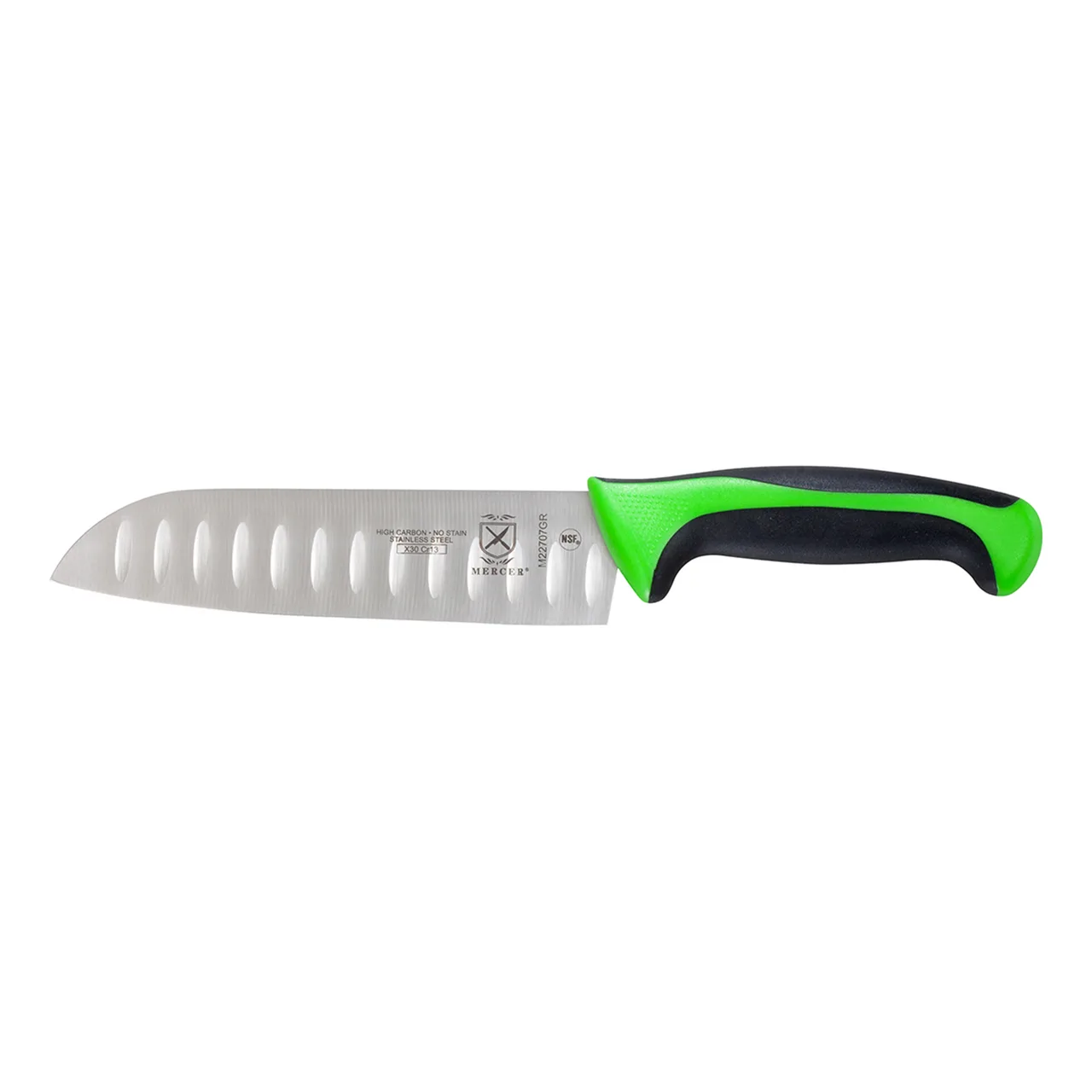 Mercer M22707GR Millennia 7" Santoku Knife, Steel Granton Edge, Green Santoprene Handle, NSF