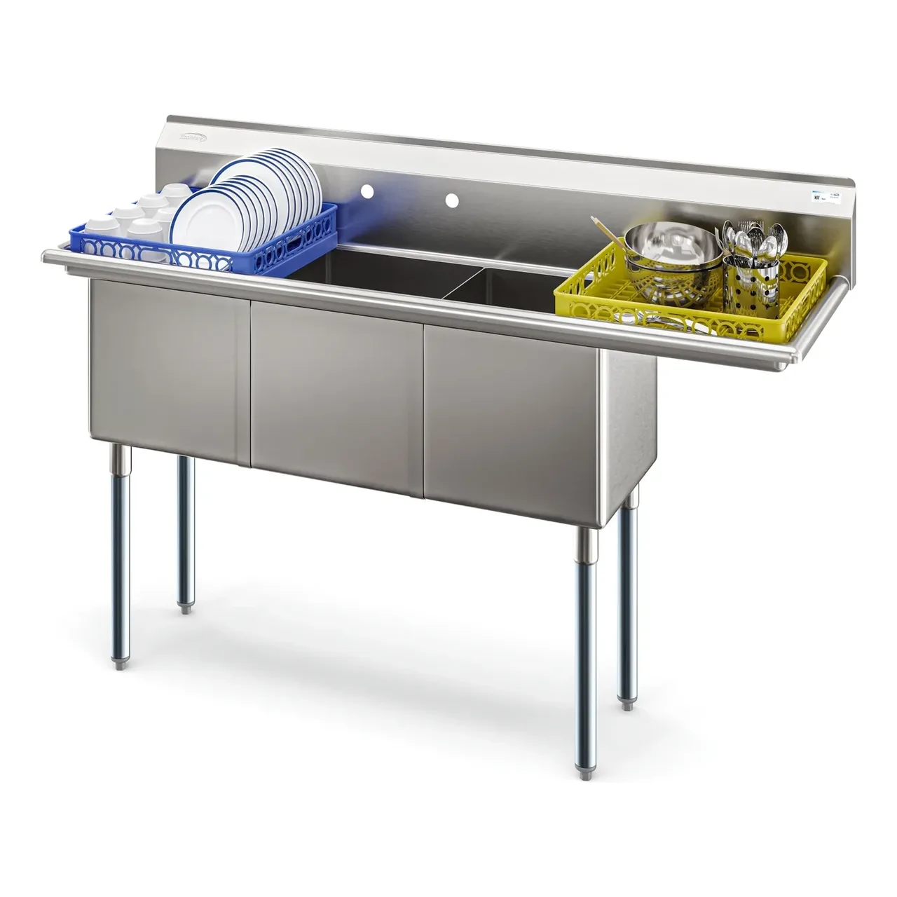 Koolmore KM-SC151514-15R3 63″ Three Compartment Sink, 15″Wx15″L Bowl With Right-Hand Drainboard