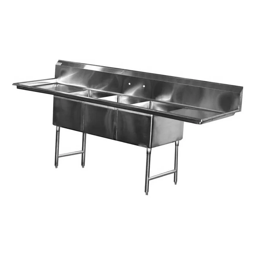 Serv-Ware E3CWP18242-24 102″ Three Compartment Sink, 18″W x 24″L Bowl With 2 Drainboards