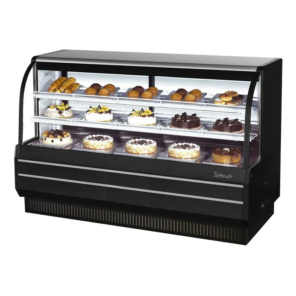 Turbo Air TCGB-72-W(B)-N 72″ Refrigerated Bakery Display Case, Self-Contained Curved Glass Full Service with 2 Shelves, 3/4 HP
