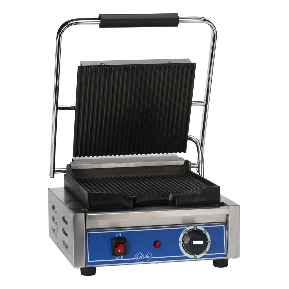Globe GPG10 Single Commercial Panini Press w/ Cast Iron Grooved Plates, 120v