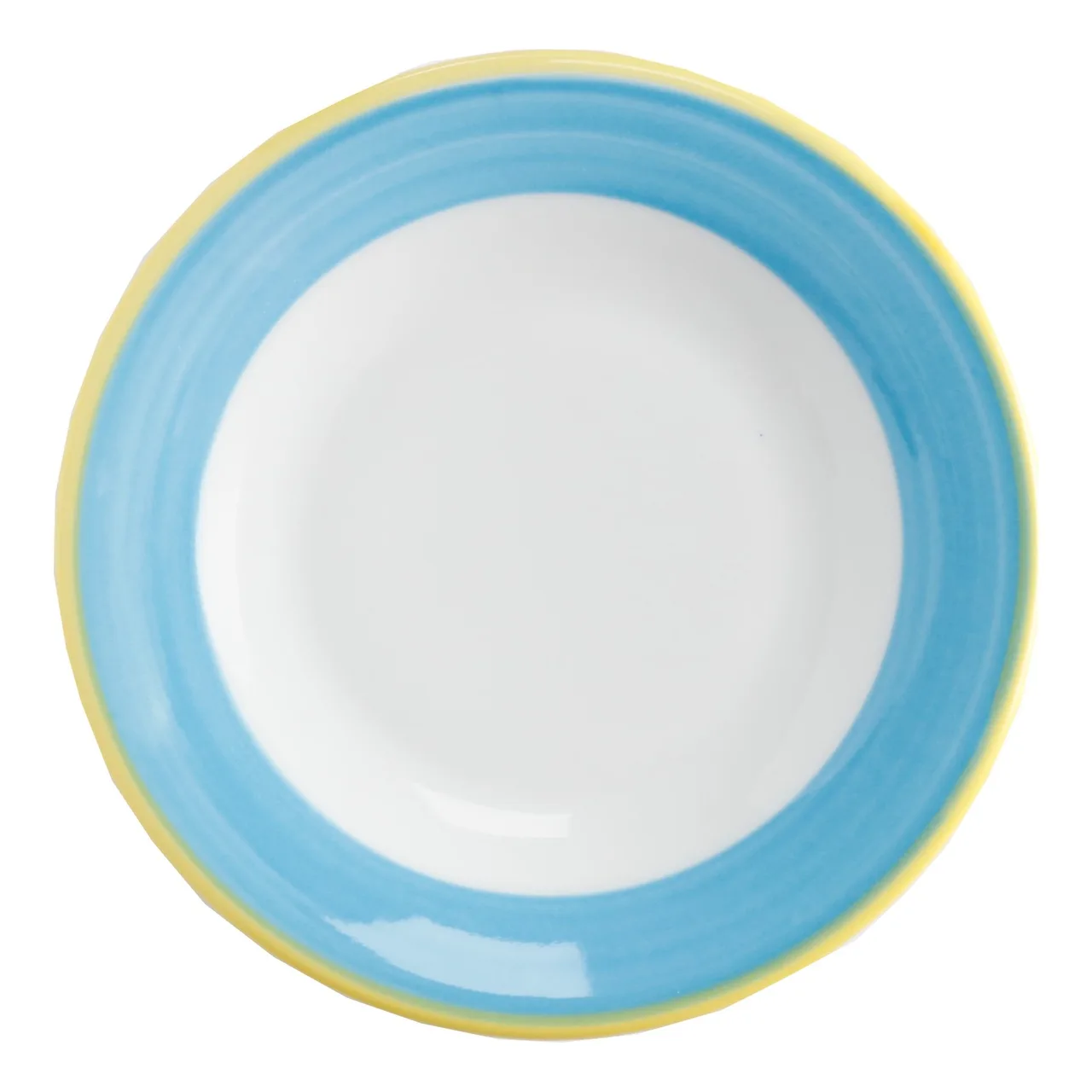GET PA1601901524 7-1/4" Round Porcelain Plate Rolled Edge Yellow/Cor/Cal/Blue Safe 380°F - Dozen