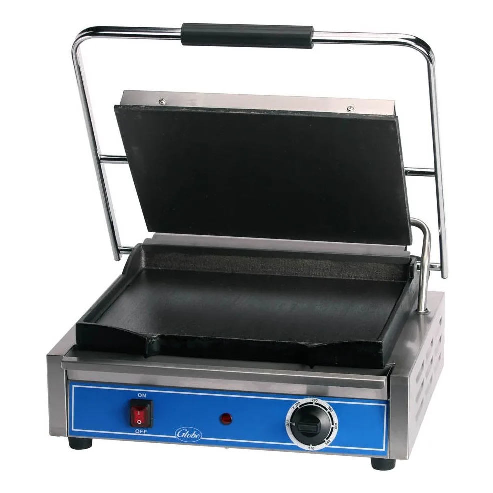 Globe GSG1410 Single Commercial Panini Press w/ Cast Iron Smooth Plates, 120v 8