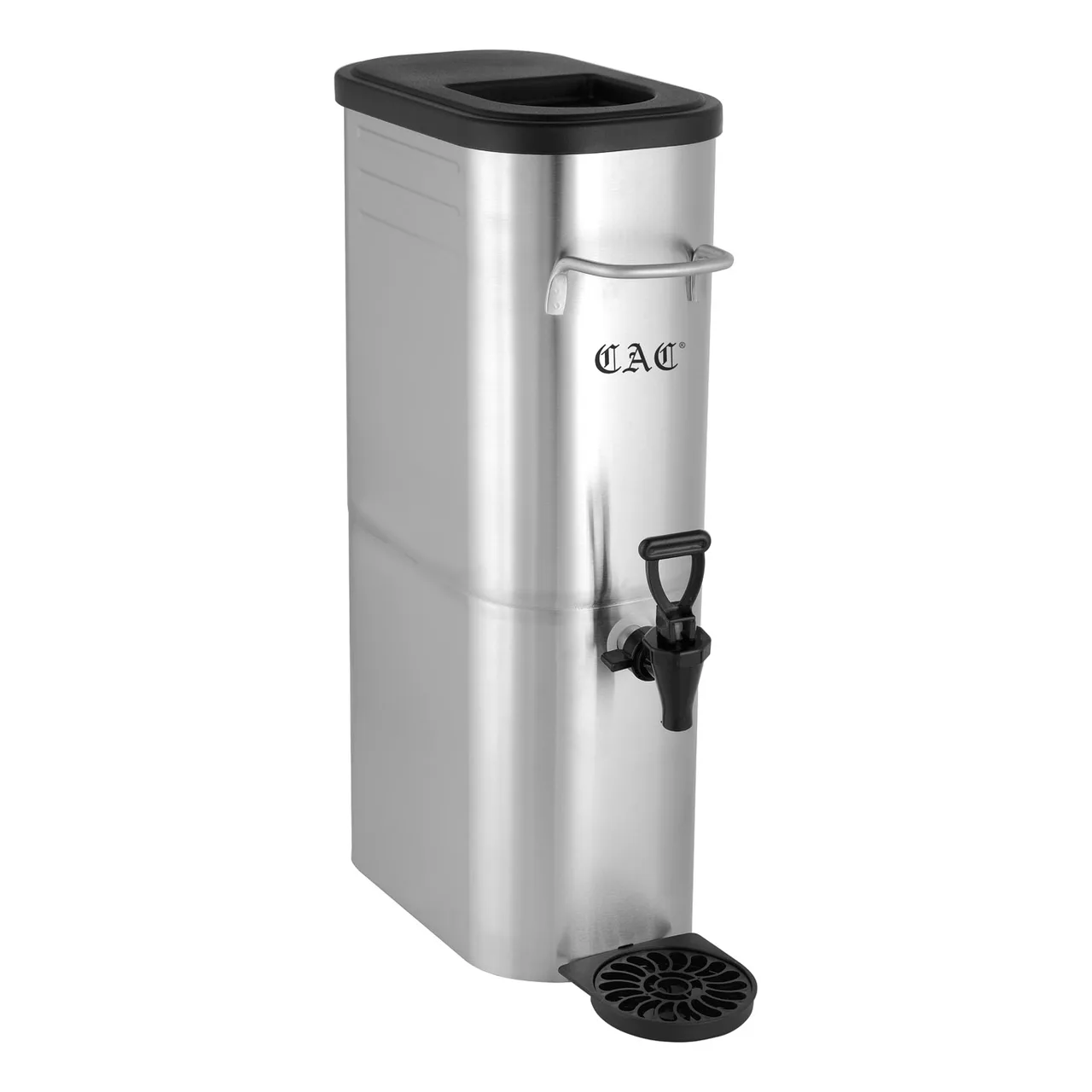 CAC China BVDS-IT3 Iced Tea Dispenser 3‑Gal Stainless Steel, Front & Back Handles, Black Lid – Set