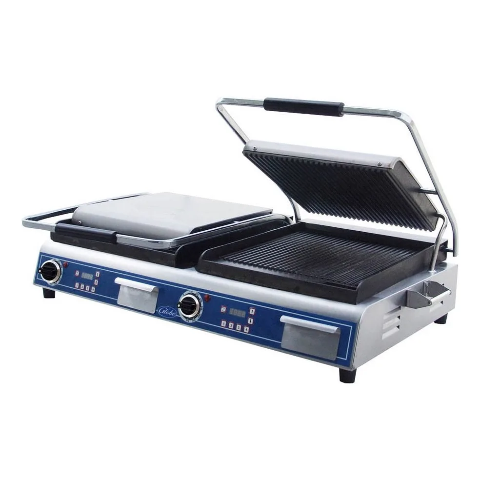 Globe GPGDUE14D Double Commercial Panini Press w/ Cast Iron Grooved Plates, 208-240v/1ph