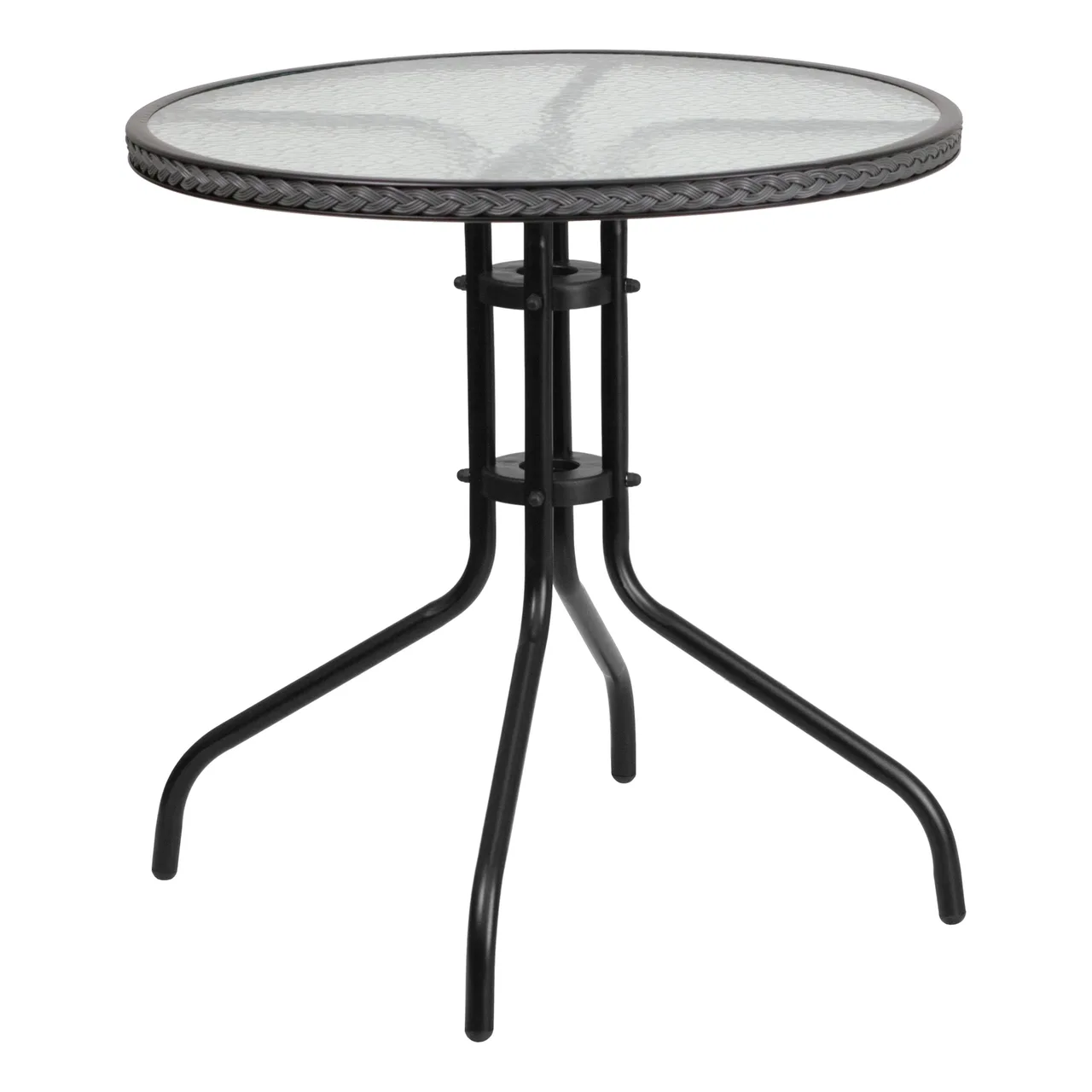 Flash Furniture TLH-087-GY-GG 28in Round Outdoor Patio Table, 5mm Glass Top, Gray Rattan Edge, Black Metal Base