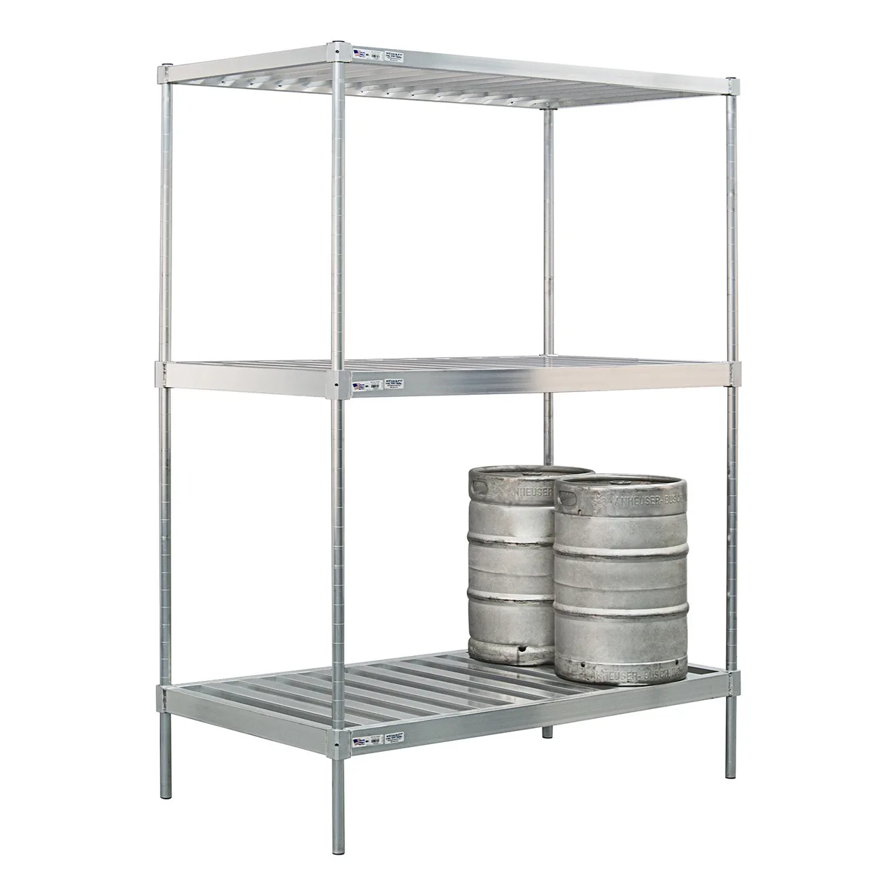 New Age 51172 72" Aluminum Keg Rack with (16) 1/2 or (42) 1/6 Keg Capacity and 3 Shelves