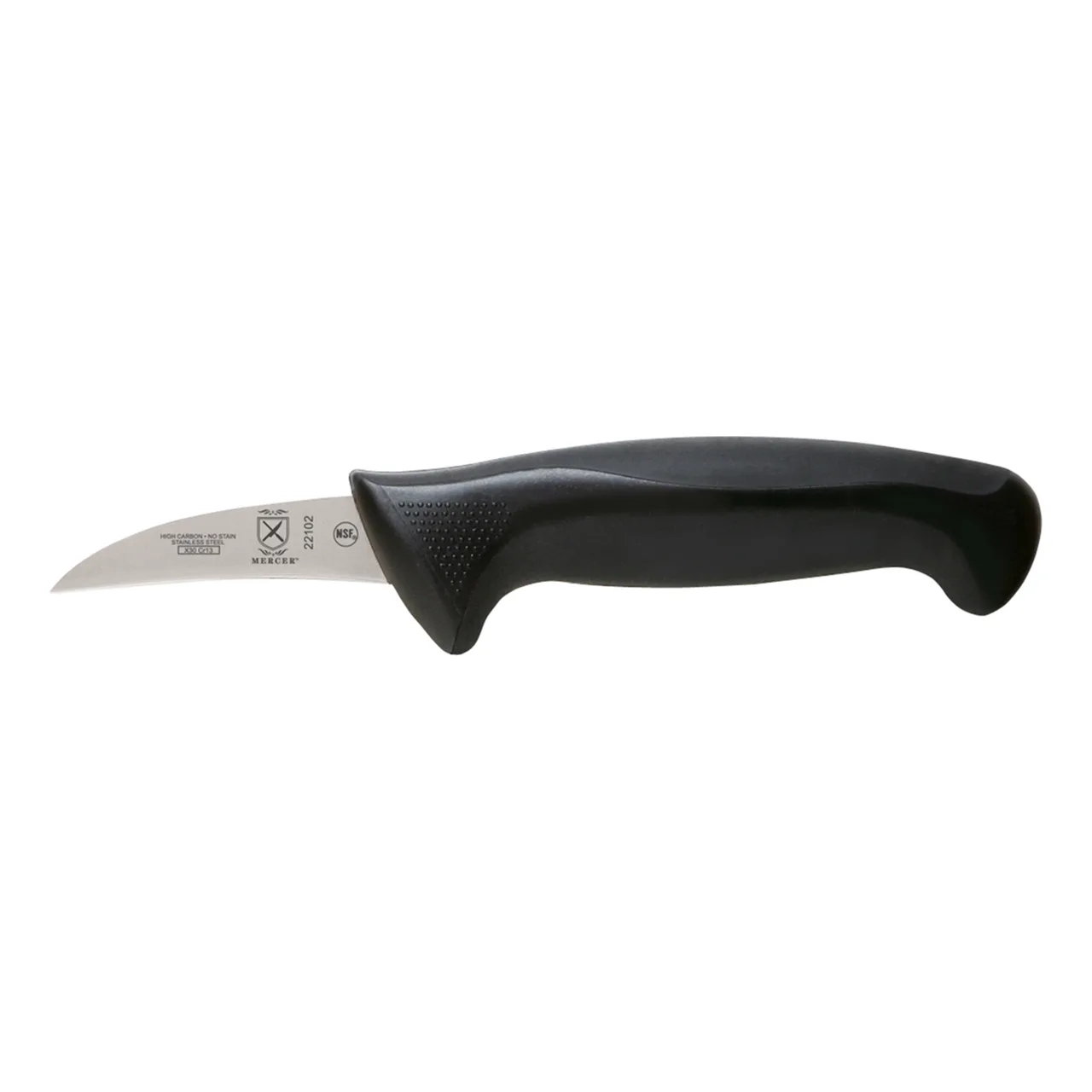 Mercer M22102 Millennia Peeling Knife, 2" Carbon Steel Bird’s Beak Paring, Black Plastic Handle NSF