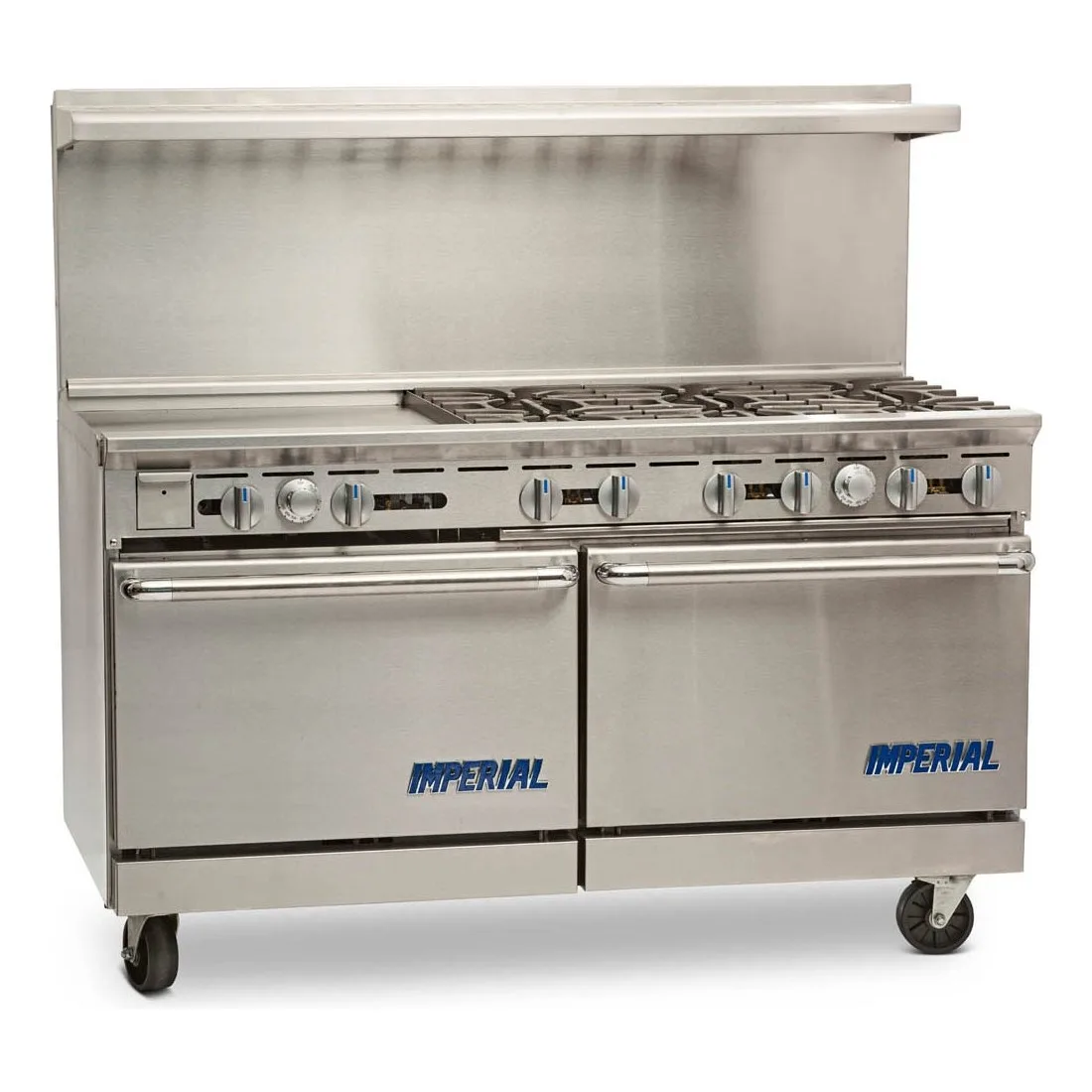 Imperial IR-6-G24 60″ Gas Restaurant Range w/ (6) Open Burners, 24″ Griddle, (2) Standard Ovens, 302.000 BTU