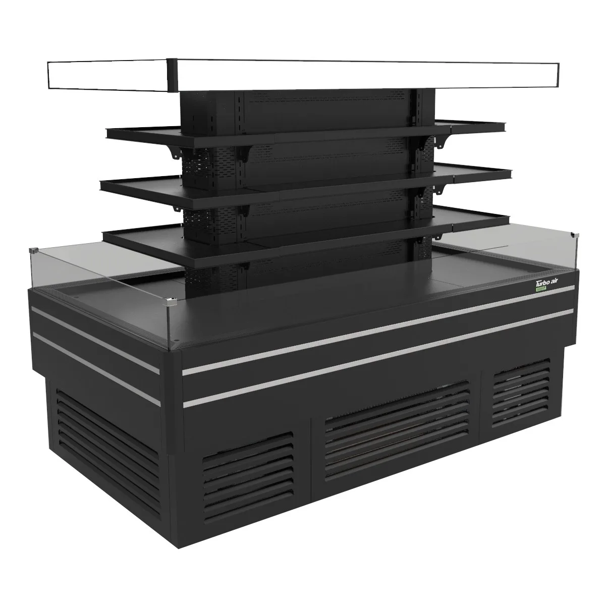 Turbo Air TIOM-24CSCB-N 72″ Island Display Self-Serve Refrigerated Merchandiser in Black, Open Flat, 3 Shelves, 35 cu. ft.