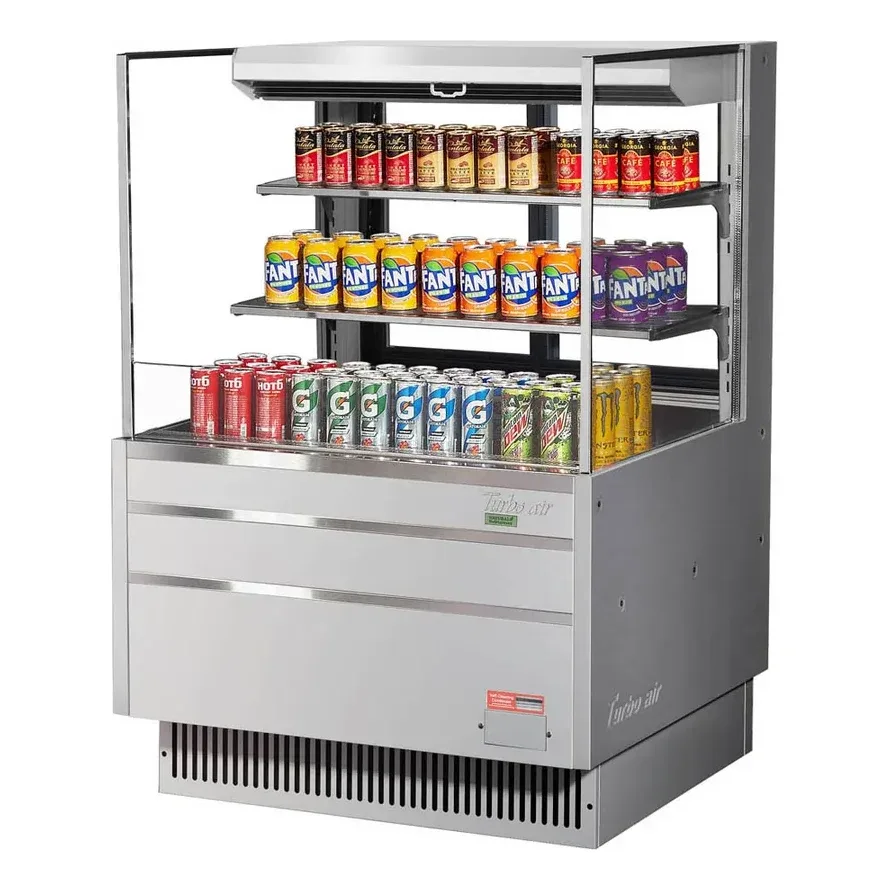 Turbo Air TOM-36L-UFD-S-3S-N 34″ Horizontal Open Air Merchandiser, Stainless Steel, Self-Contained, 2 Shelves, Low Profile, w/ Rear Sliding Doors, 11.1 cu. ft.