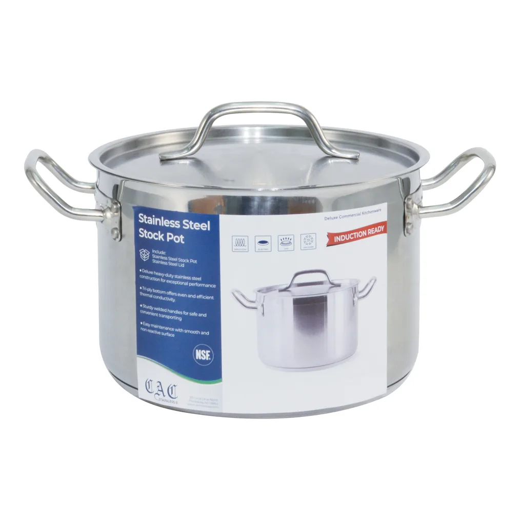 CAC China STKP-8 8 Qt. Stock Pot, 9-1/2" x 6-1/4", Stainless Steel, Induction, Tri‑Ply, Lid - Set