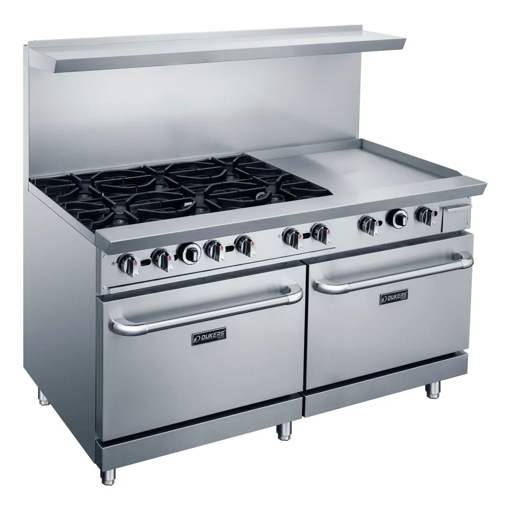 Dukers DCR60-6B24GM 60" 6 Burner Gas Range w/ Griddle - (2) Standard Ovens, Convertible