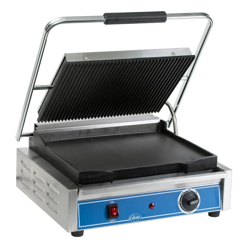 Globe GPGS1410 Single Commercial Panini Press w/ Cast Iron Grooved & Smooth Plates, 120v