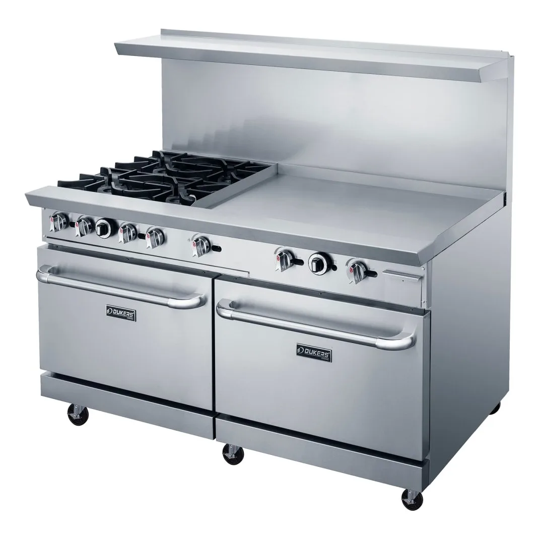 Dukers DCR60-4B36GM 60" 4 Burner Gas Range w/ Griddle - (2) Standard Ovens, Convertible