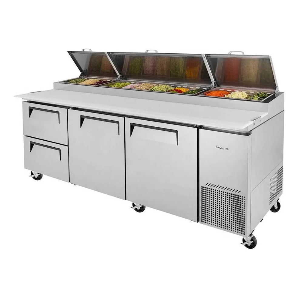 Turbo Air TPR-93SD-D2-N 93″ Refrigerated Pizza Prep Table w/ 3 Doors, 12 Condiment Pans