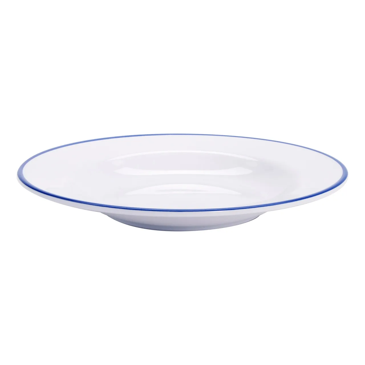 GET B-110-W/CB Enamelware Bowl, 10 oz, 9" x 9" x 1‑1/8", Melamine, White with Blue Trim - 1 Dozen