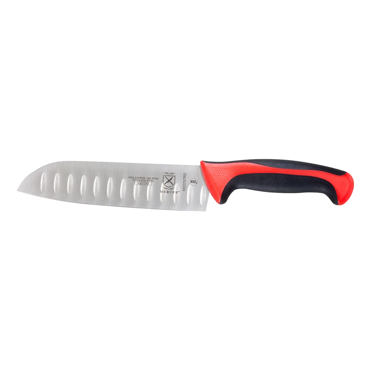 Mercer M22707RD - 7" Red Santoku Knife, High‑Carbon Steel, Granton Edge, Santoprene Handle, NSF