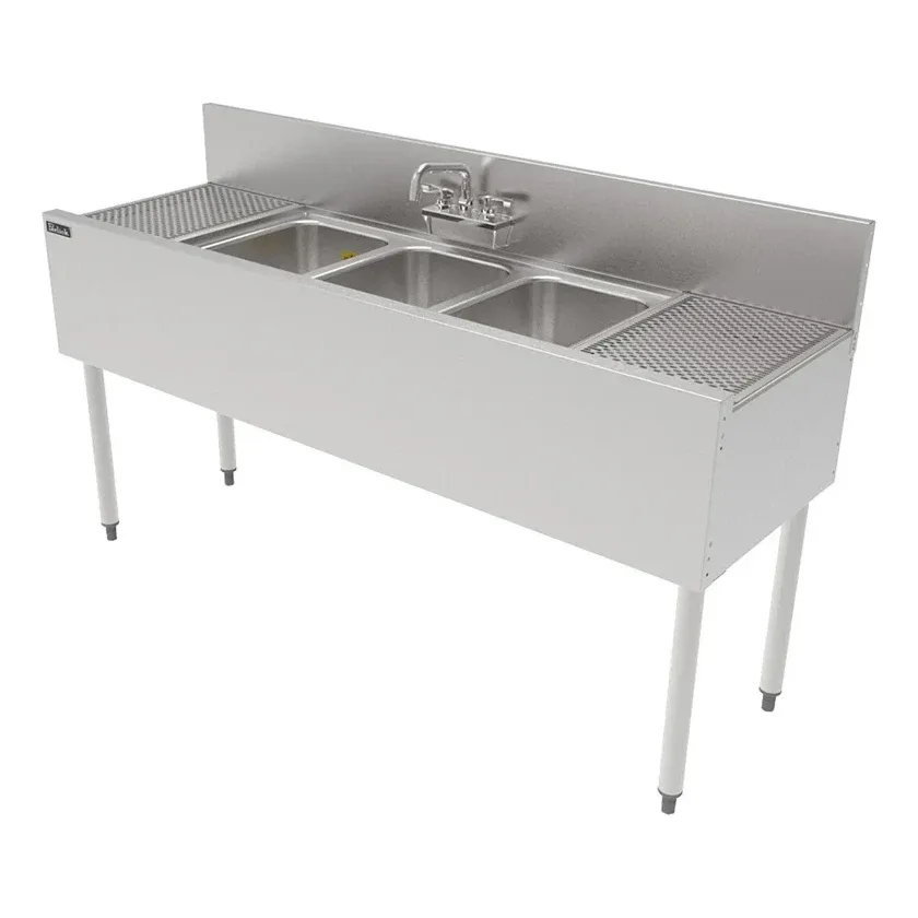 Perlick TS60M3-DB-STK 60″ 3 Compartment Sink w/ 10″L x 14″W Bowl, 9 1/4″ Deep