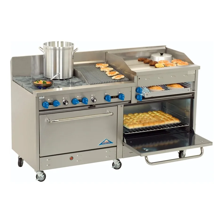 Comstock-Castle 2F330-1.5RB-30B 72″ Gas Restaurant Range w/(4) Open Burners, (1) 30″ Griddle, (1) 18″ Charbroiler, (2) Standard Ovens, 308.000 BTU