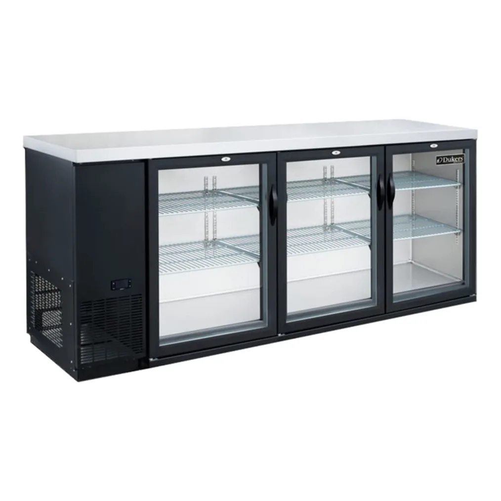 Dukers DBB72-H3 70 3/8" Bar Refrigerator - 3 Swinging Glass Doors, Black, 115v