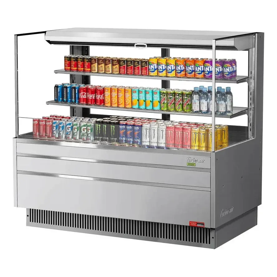 Turbo Air TOM-60L-UFD-S-3S-N 58″ Horizontal Open Air Merchandiser, Stainless Steel, Self-Contained, 2 Shelves, w/ Rear Doors, 19.3 cu. ft.