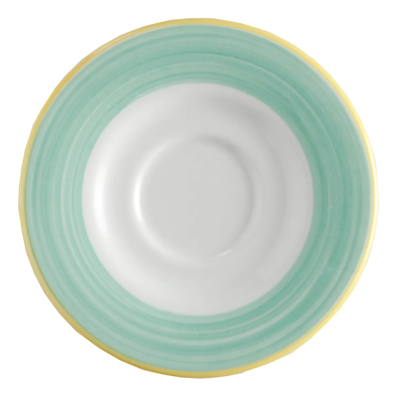 GET PA1603900324 Tea/Bouillon Saucer, 6-1/2" Dia., Scratch-Resistant Porcelain, Yellow Edge - 1 Dozen