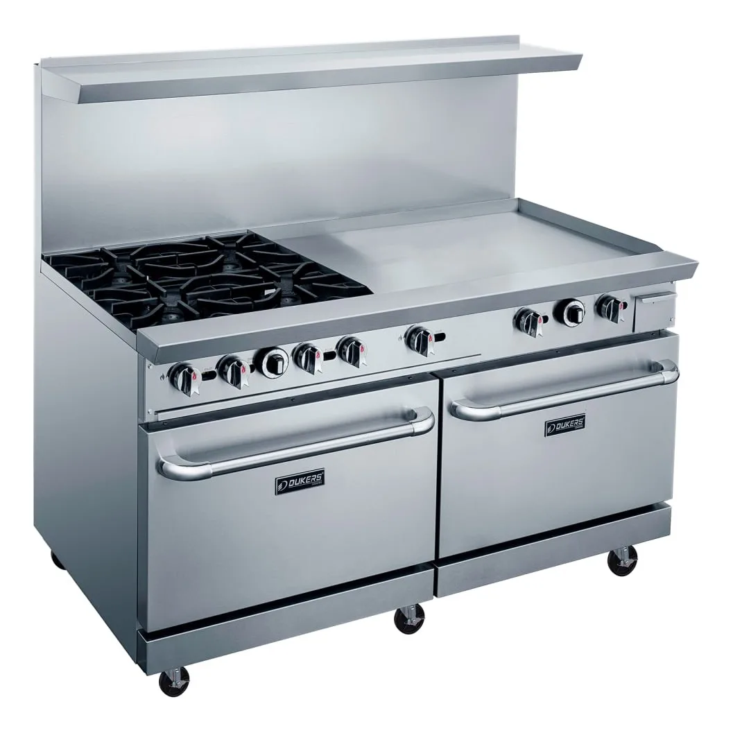 Dukers DCR60-4B36GM 60" 4 Burner Gas Range w/ Griddle - (2) Standard Ovens, Convertible