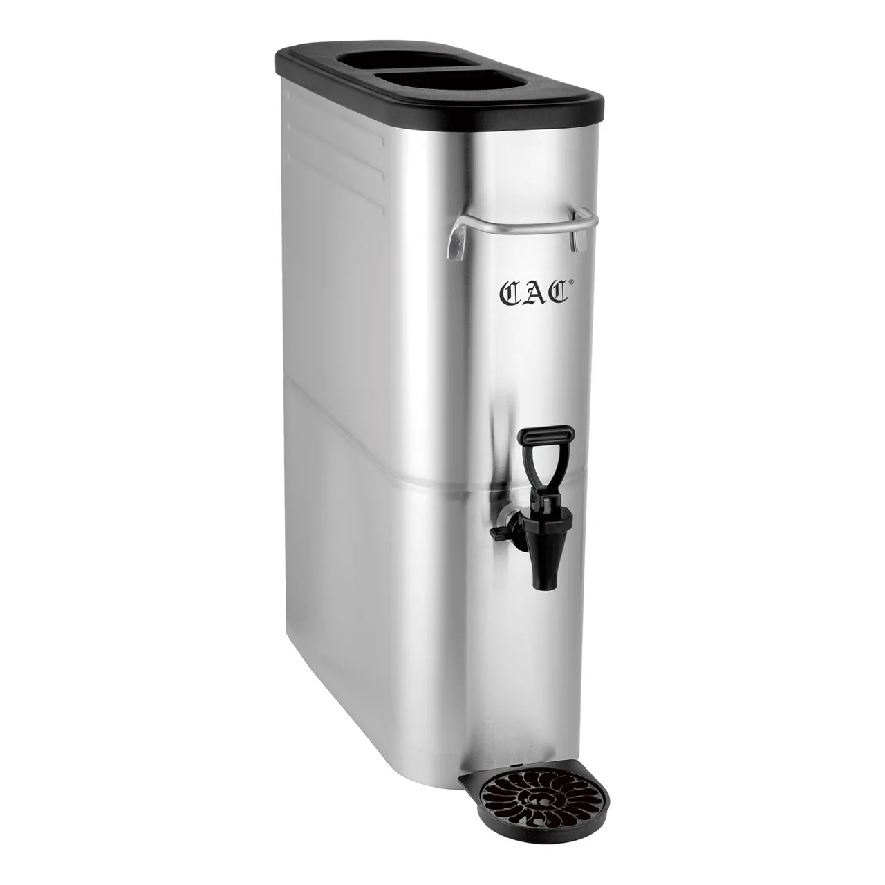 CAC China BVDS-IT5 Iced Tea Dispenser, 5‑Gallon 304 SS, Black Lid, Handles Faucet/Tray, Labels - Set