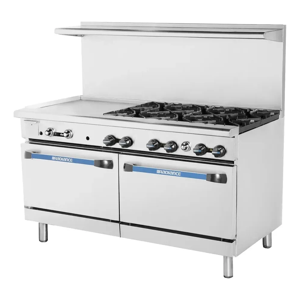 Turbo Air TARG-24G6B 60″ Gas Restaurant Range w/ (6) Open Burners, 24″ Griddle, (2) Standard Ovens, 299.000 BTU