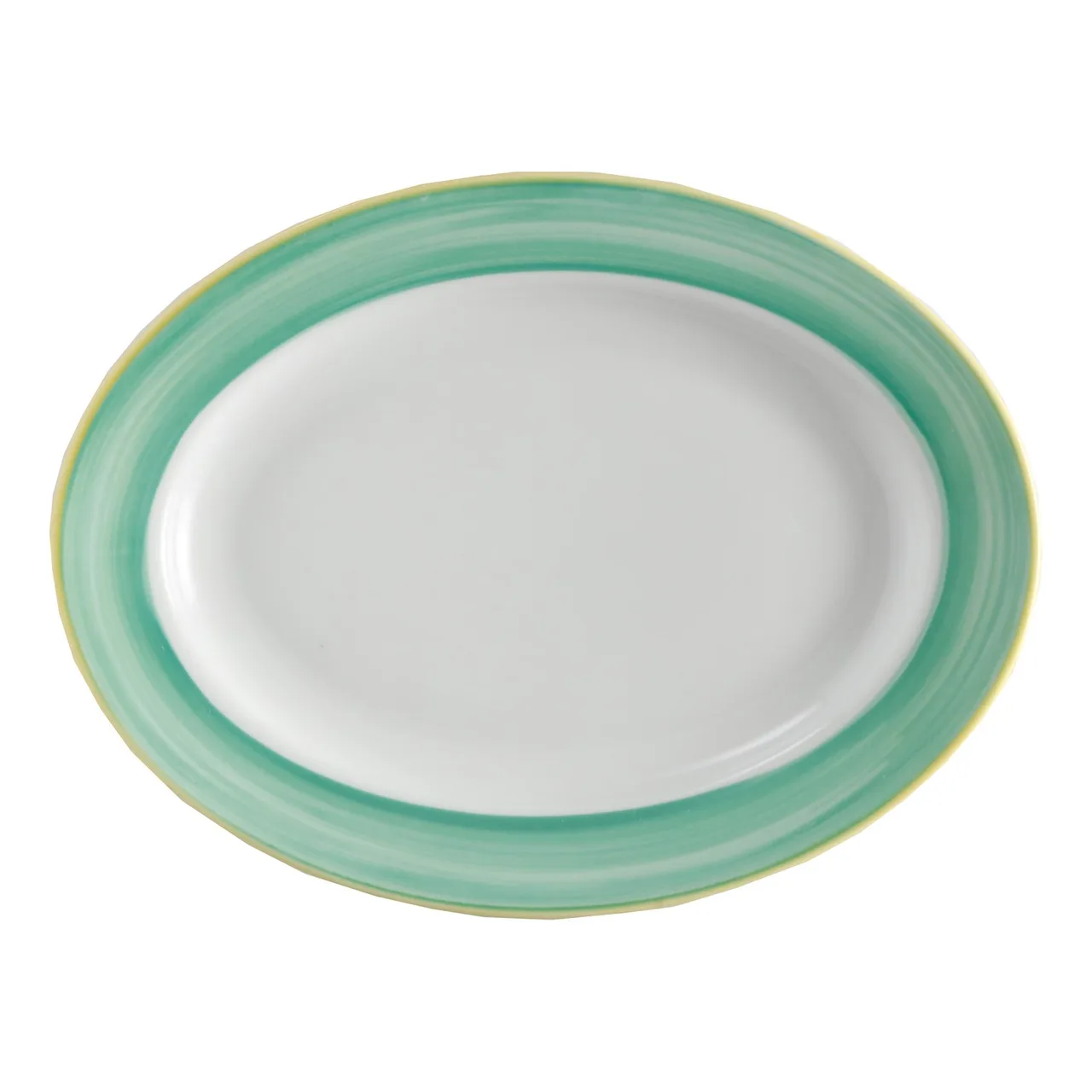 GET PA1603907612 Porcelain Platter 10" x 7.5", Rolled Rim, Microwave Safe, Yellow Edge - Dozen