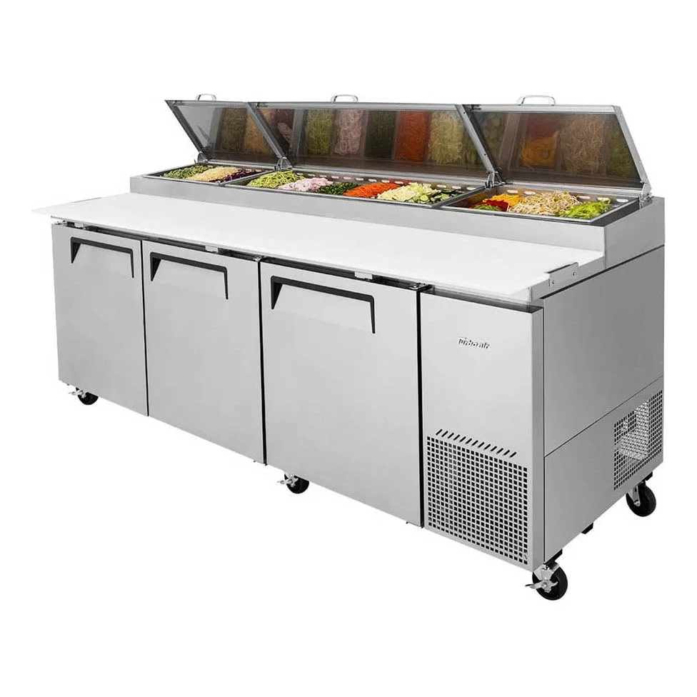 Turbo Air TPR-93SD-N 93″ Refrigerated Pizza Prep Table w/ 3 Doors, 12 Condiment Pans