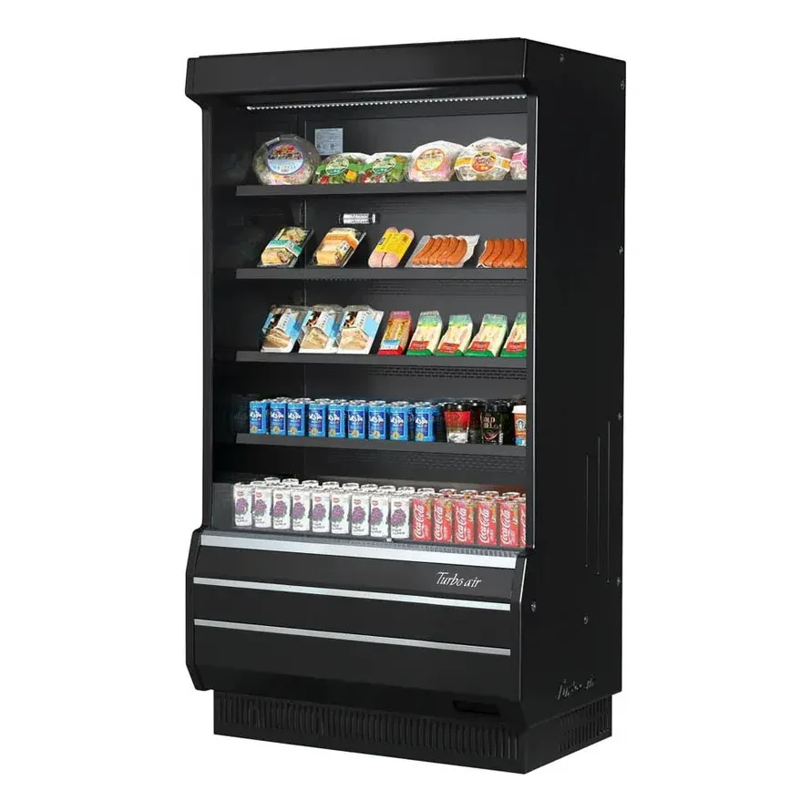 Turbo Air TOM-40B-SP(-A)-N 39″ Vertical Open Air Merchandiser in Black, Self-Contained, 4 Shelves, Night Curtain, 14.4 cu. ft.