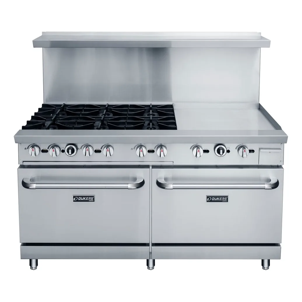 Dukers DCR60-6B24GM 60" 6 Burner Gas Range w/ Griddle - (2) Standard Ovens, Convertible