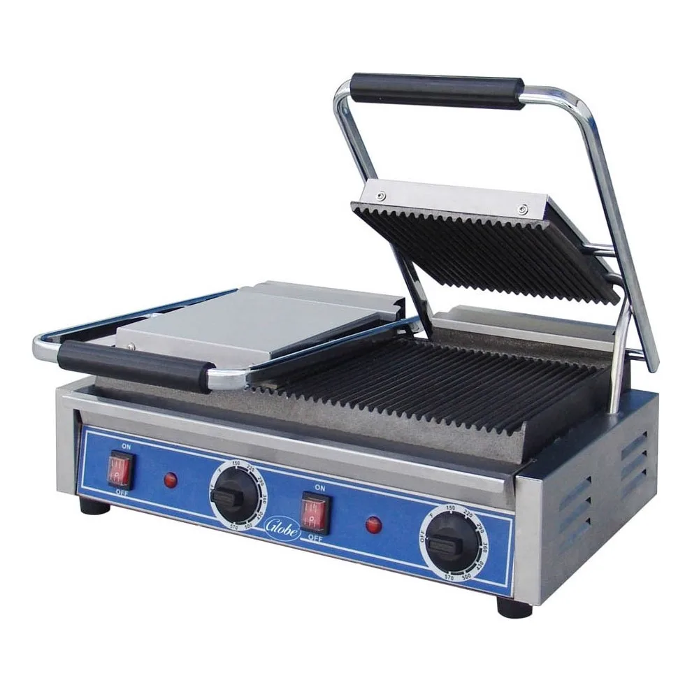 Globe GPGDUE10 Double Commercial Panini Press w/ Cast Iron Grooved Plates, 240v/1ph