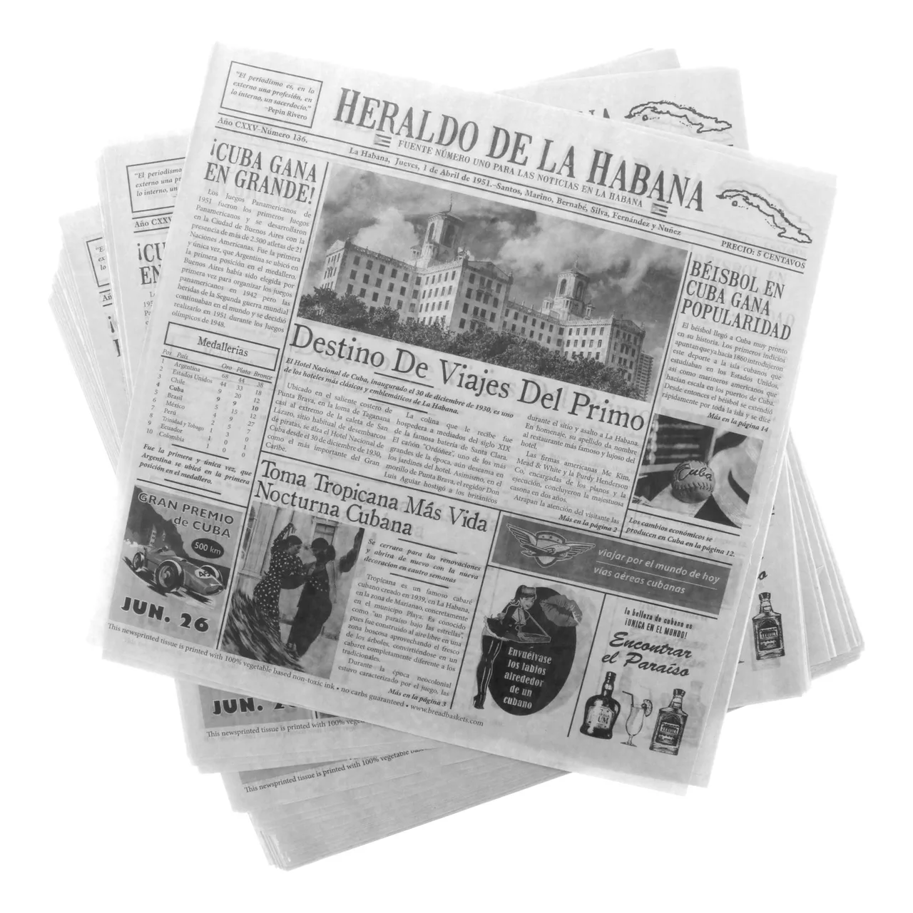 GET 4-TE3742 Food-Safe Cuban Newsprint Liner, 12" X 12", Paper, White