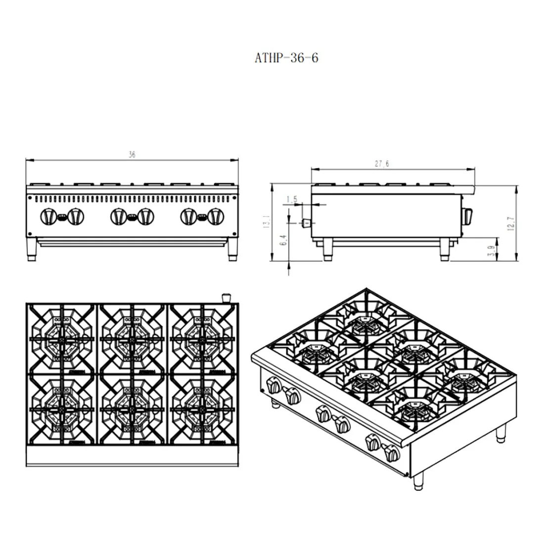 Atosa USA ATHP-36-6-LP 36" Countertop LP Gas Hotplate w/ (6) Burners, Manual Controls, 150.000 BTU