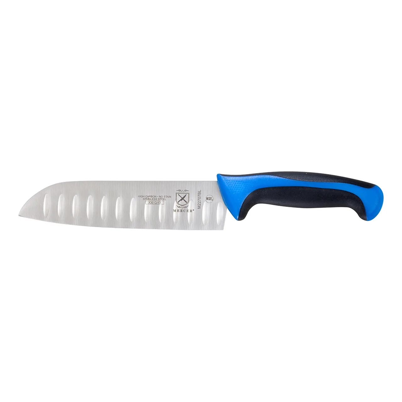 Mercer M22707BL - 7" Blue Santoku Knife Stamped High‑Carbon Granton Blade Santoprene/Poly Handle NSF
