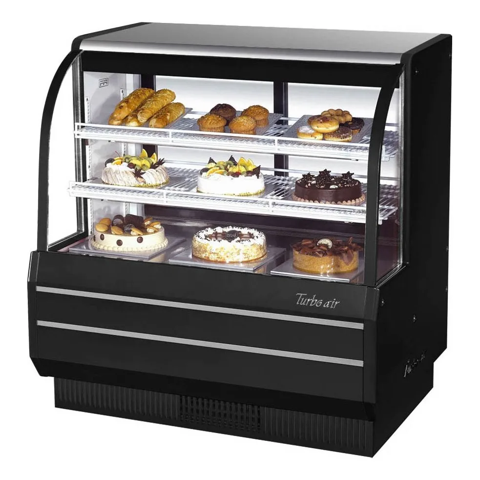 Turbo Air TCGB-48-W(B)-N 48″ Refrigerated Bakery Display Case, Self-Contained Curved Glass Full Service with 2 Shelves, 1/3 HP