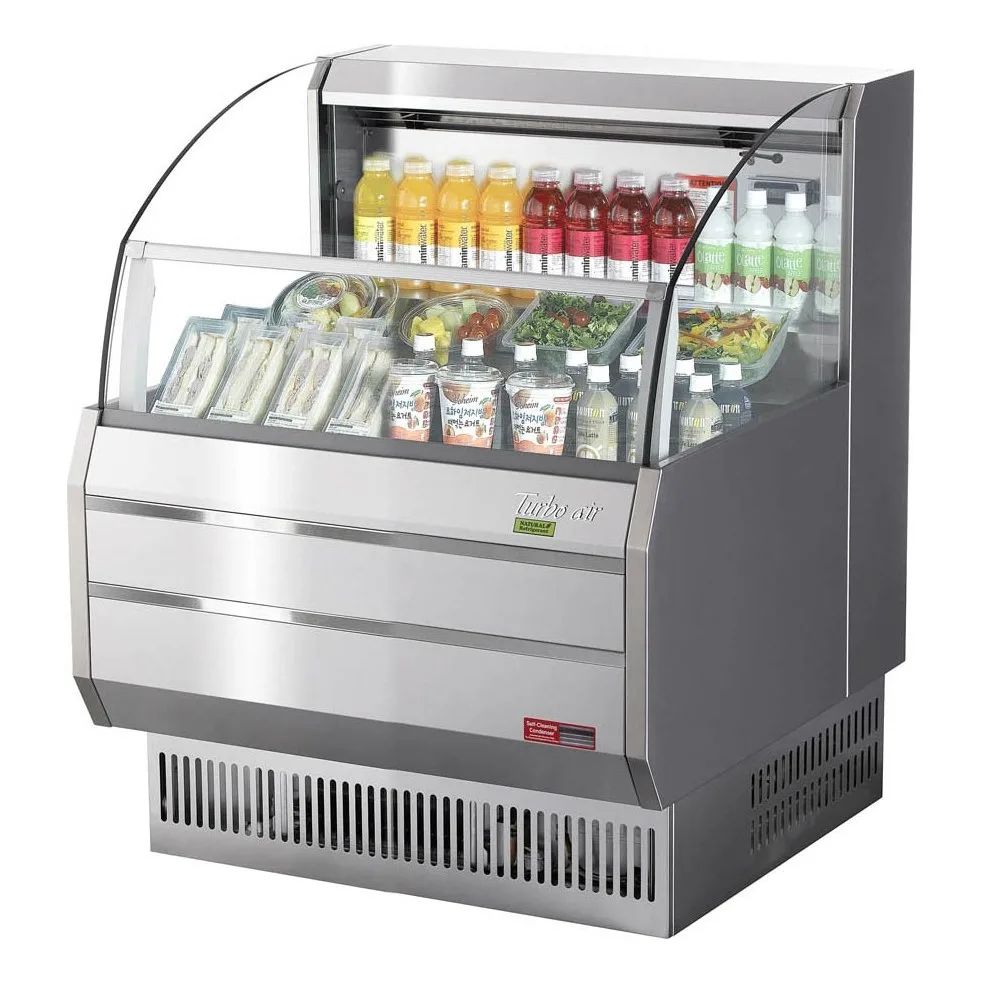 Turbo Air TOM-30SS-N 28″ Horizontal Open Display Merchandiser, Stainless Steel, Self-Contained, 3 Shelves, Glass Sides, 4.7 cu. ft.